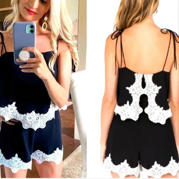 le clair de lune Pants - Fanco black with white lace romper self tie straps